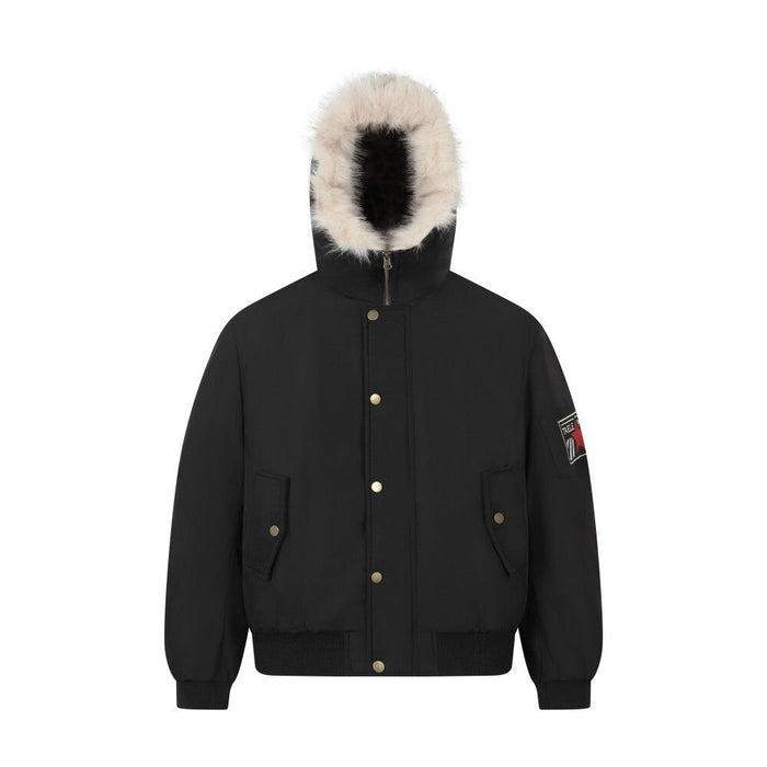 Black hooded bomber jacket with cream faux fur trim and snap-button front, front view