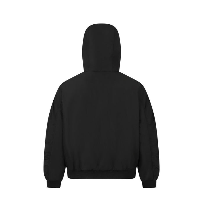 Black hooded bomber jacket shown from the back, full rear view