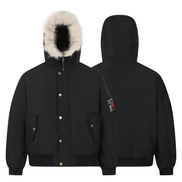 Black hooded bomber jacket front and back views with cream faux fur trim