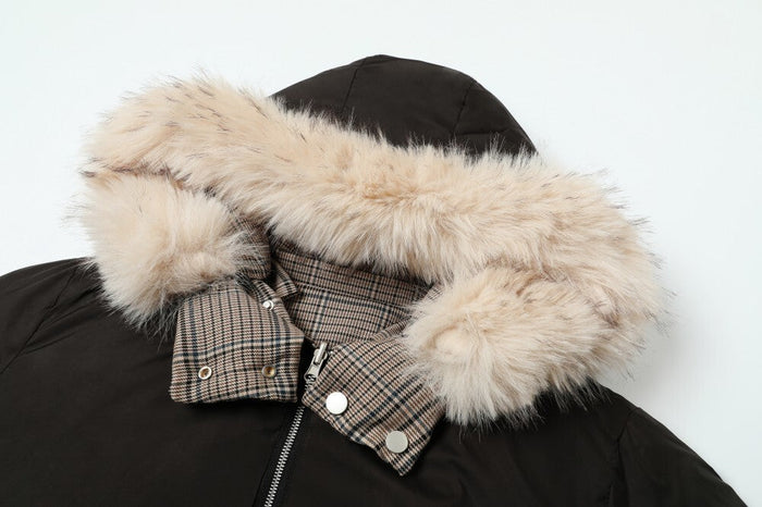 Close-up of hood with cream faux fur trim and plaid lining