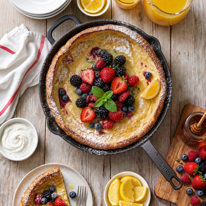 A pancake baked in the Bobby Flay by GreenPan 8" and 10" Cast Iron Frypan Set is topped with berries, lemon, and mint, served on a wooden table with whipped cream, honey, plates, orange juice, and a slice of pancake nearby.