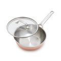 2-quart chef’s pan with glass lid, stainless steel body, and copper-colored exterior.