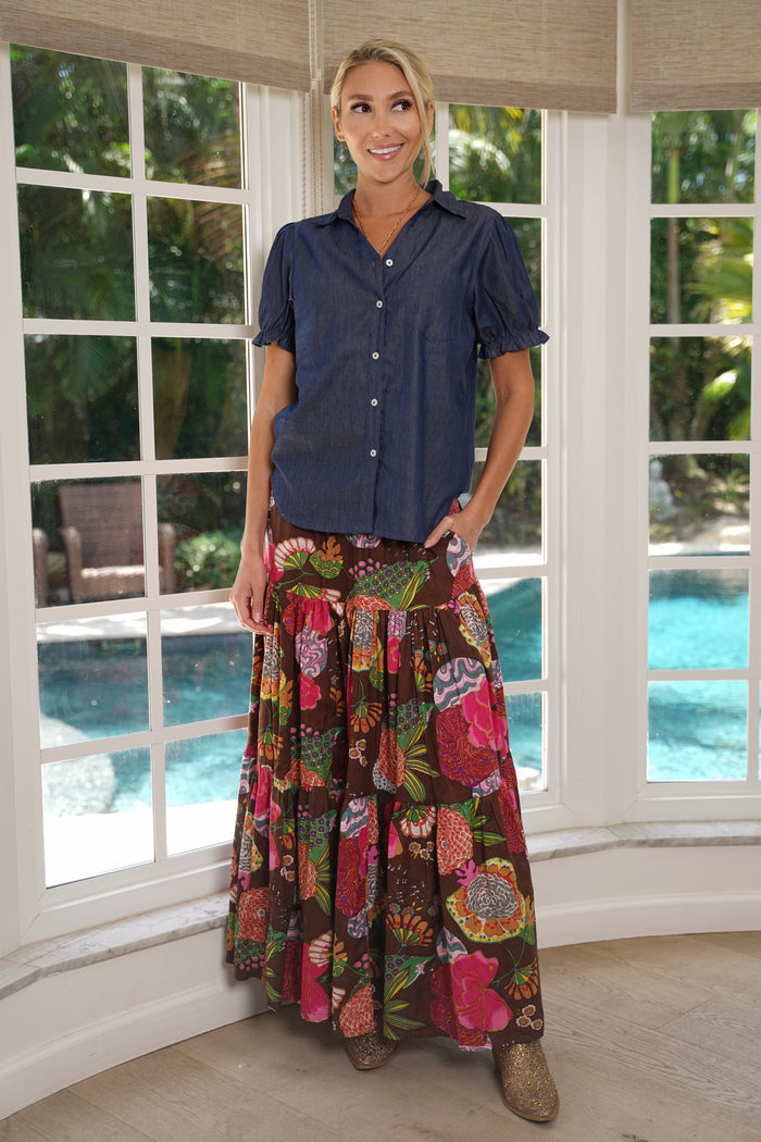 Boho Long Skirt Floral Cocoa Brown