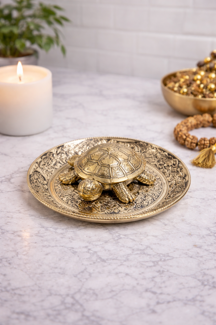 Brass Tortoise Figurine with Plate for Good Luck
