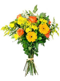 Bright and Breezy bouquet with yellow gerberas, chrysanthemums, orange roses, and lush greenery, supporting local South African florists.
