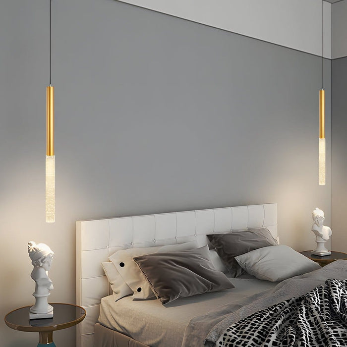 Bubble-Textured Elongated Aluminum Cylinder Pendant Light with 3-Step Colour Temperature in Gold | NordaLight