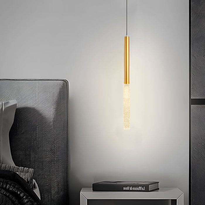 Bubble-Textured Elongated Aluminum Cylinder Pendant Light with 3-Step Colour Temperature in Gold | NordaLight