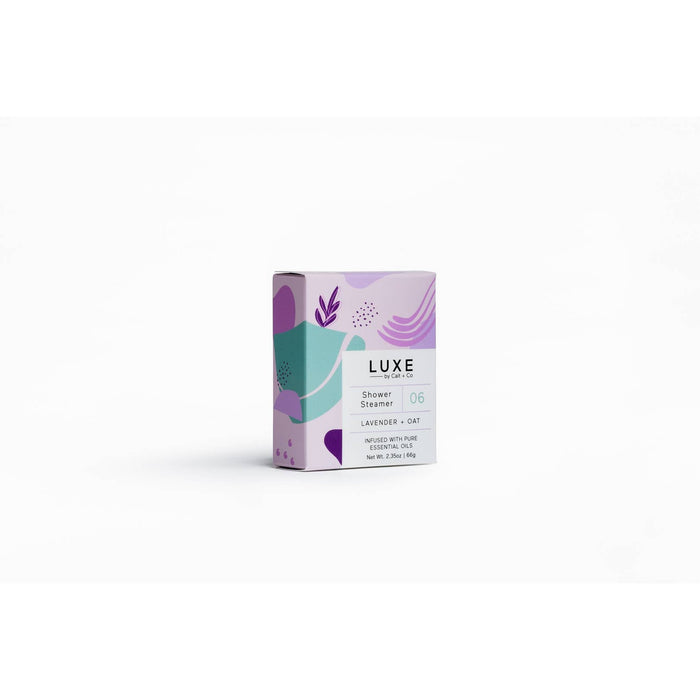 CAIT + CO Luxe Lavender + Oat Shower Steamer box on white background