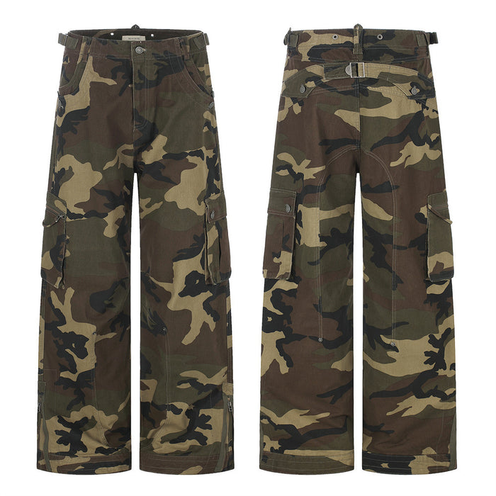 Wide-leg camo cargo pants front and back views with side flap pockets and zip hems