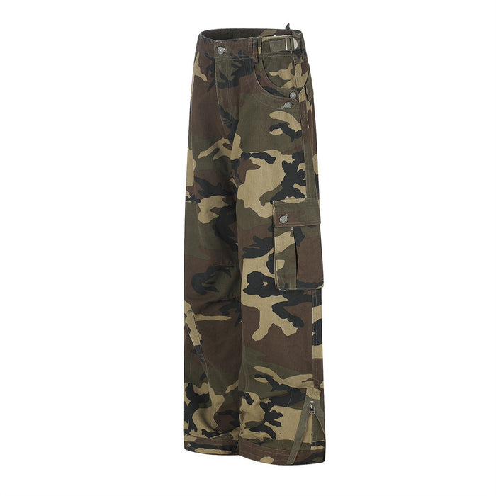 Side view of camo wide-leg cargo pants with flap pocket and zip hem