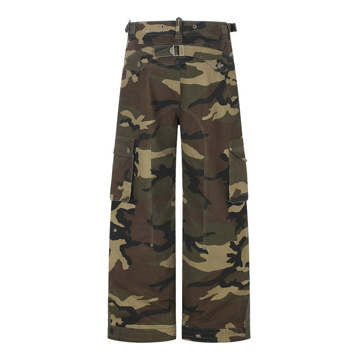 Back view of camo wide-leg cargo pants with flap pockets and zip hems