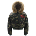 Front view of a woodland camo bomber jacket with faux-fur hood trim and red script embroidery on the chest