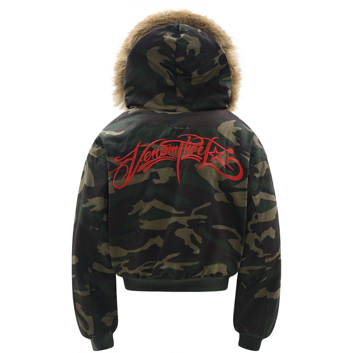 Back view of camo faux-fur hooded bomber jacket with red script embroidery