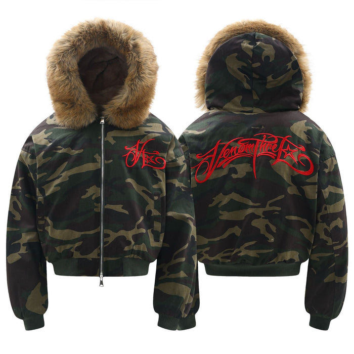 Front and back views of camo faux-fur hooded bomber jacket with red embroidery