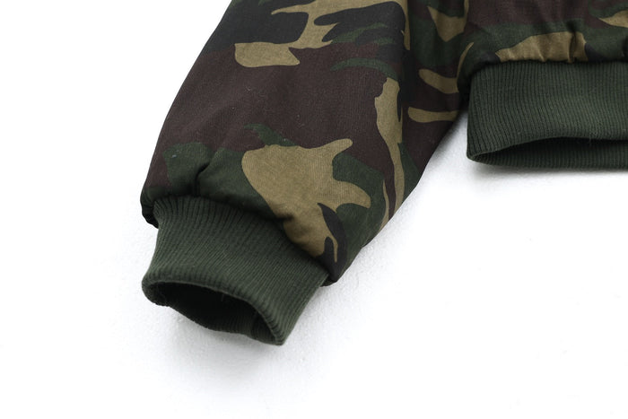 Camo bomber jacket sleeve cuff with ribbed knit wrist detail