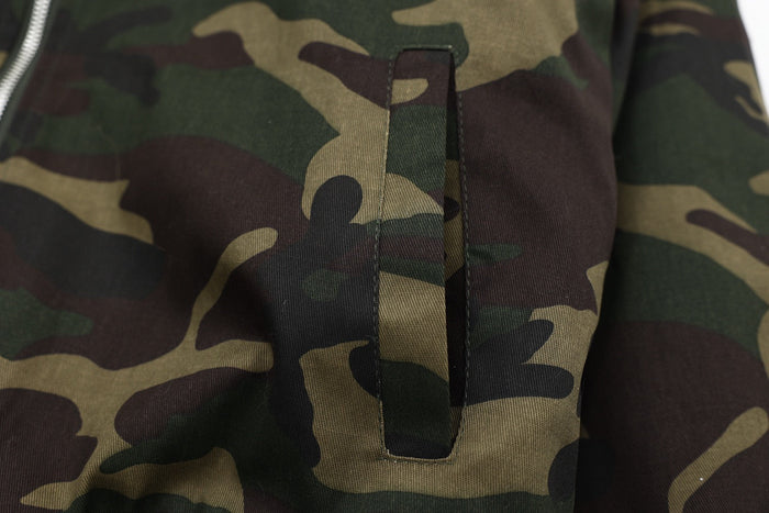 Camo bomber jacket front pocket with vertical zipper opening