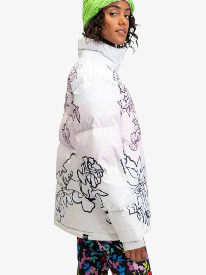 Campera Snow Roxy Rowley Puffer Blanco Rosa Print