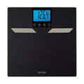 Carbon fiber textured digital body composition scale with a blue backlit display