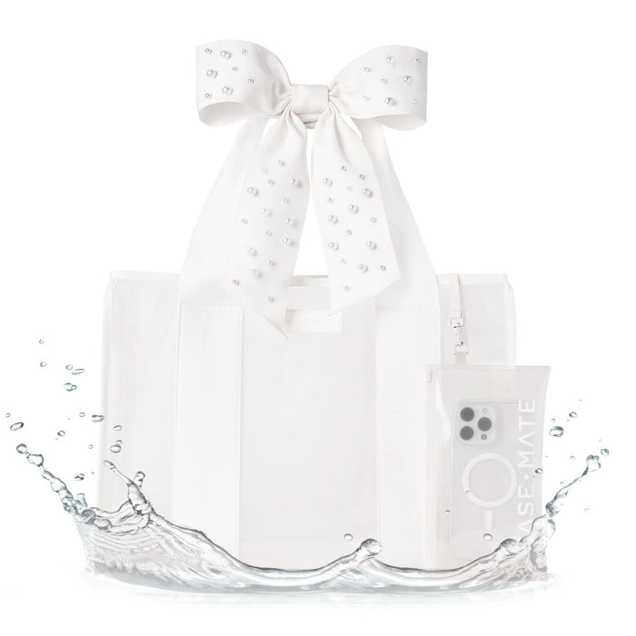 Case-Mate Ivory Pearl Bow Jelly Tote Bag with water splash effect on white background