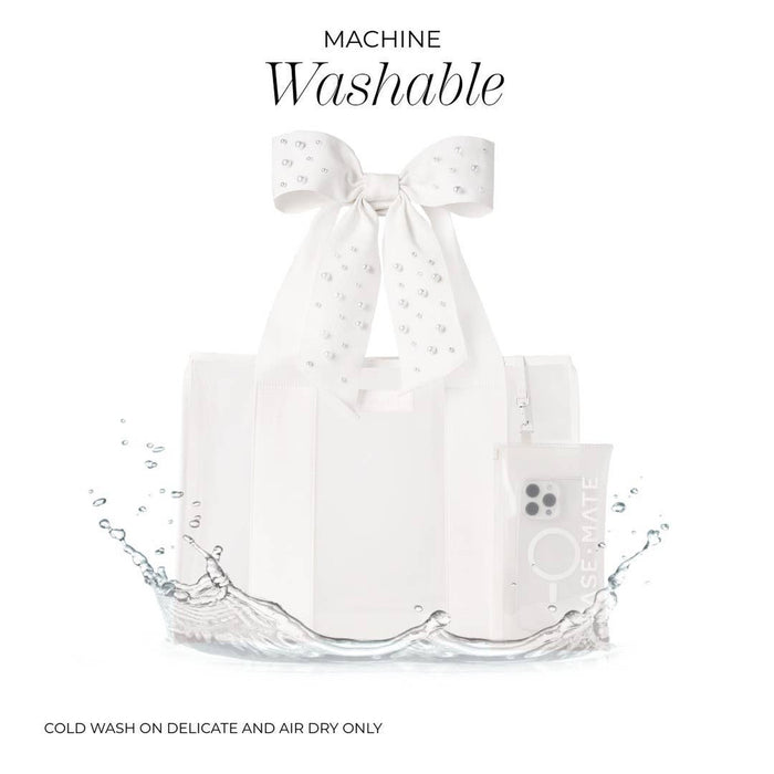Ivory Pearl Bow Jelly Tote Bag machine washable care instructions with water splash graphics