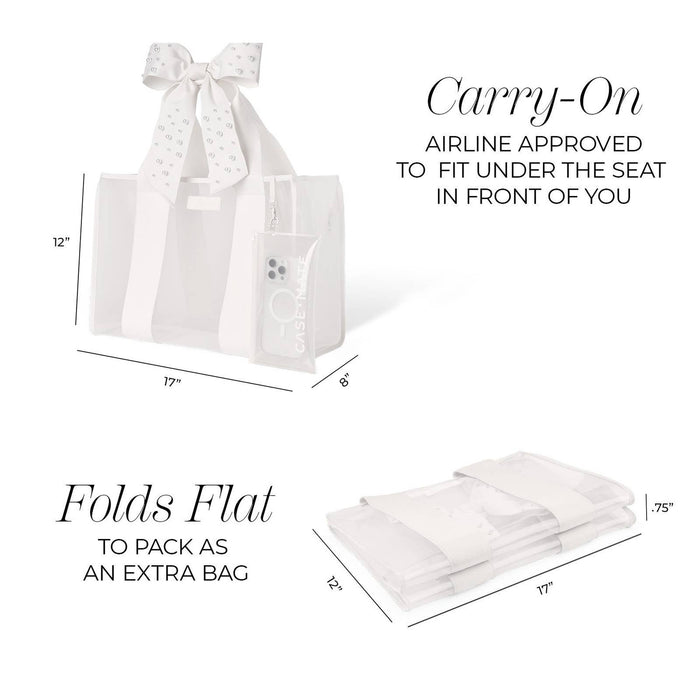 Ivory Pearl Bow Jelly Tote Bag dimensions and features showing airline carry-on approved size and flat folding design