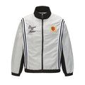 Light gray zip track jacket with black collar, side stripes, script chest text and crest patch