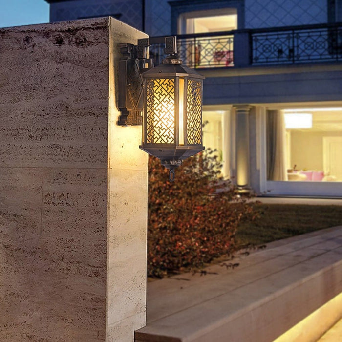 Classical Hollow Pattern Outdoor Wall Lantern Iron Glass E27 IP54 3000K Copper Courtyard Villa Corridor 36 Inch | NordaLight