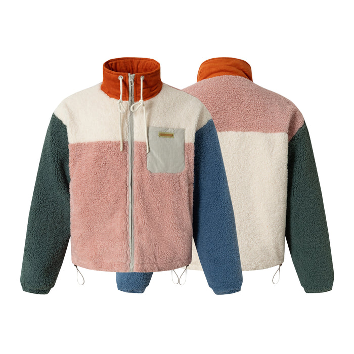 Front and back views of colorblock sherpa fleece zip jacket with orange collar and pocket