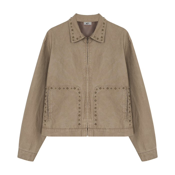 Front view of a khaki washed cotton zip-up work jacket with brass stud trim on the collar and oversized front patch pockets