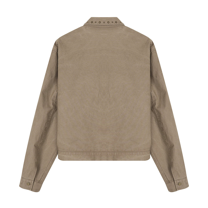Back view of khaki washed cotton work jacket with studded collar and cuffs