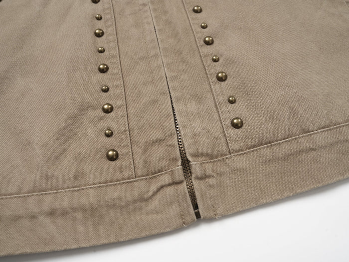 Front view of khaki cotton work jacket with studded zip placket