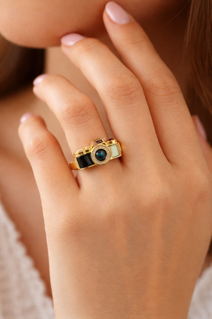 "Creative Pixel Perfect Ring – Handcrafted with Camera Design"