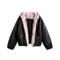Black PU leather bomber jacket open-front view with pink faux fur hood lining and quilted interior