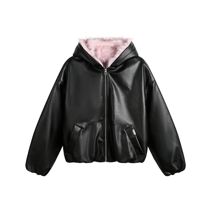 Black PU leather bomber jacket with pink faux fur hood, front view