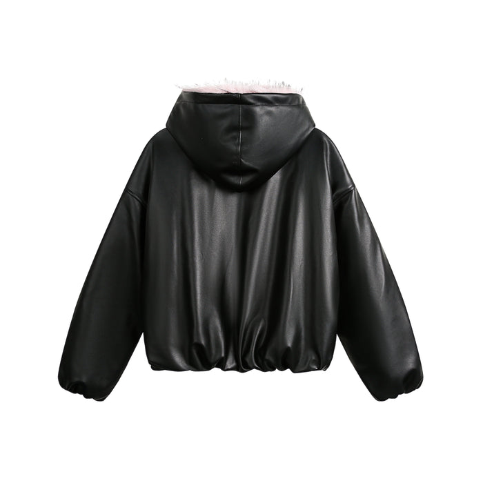 Black PU leather bomber jacket with pink faux fur hood, back view