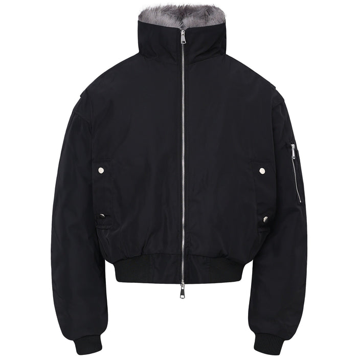 Black cropped bomber jacket with grey faux fur stand collar, front zip, snap pockets, and ribbed cuffs