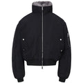 Black cropped bomber jacket with grey faux fur stand collar, front zip, snap pockets, and ribbed cuffs