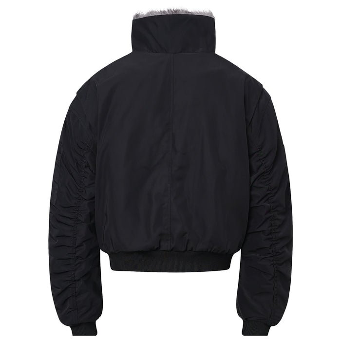 Black cropped bomber jacket back view with fur collar, ribbed hem and cuffs
