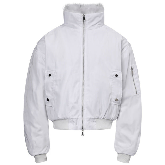 White cropped bomber jacket front view with fur collar, zip front and flap pockets