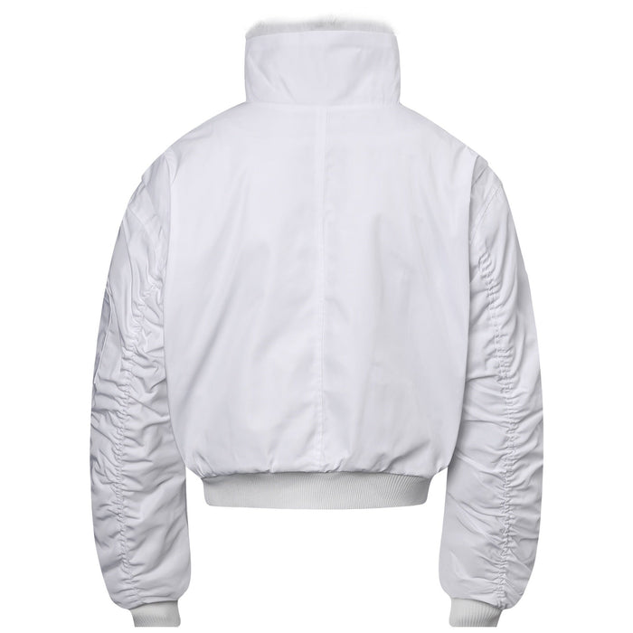 White cropped bomber jacket back view with fur collar and ribbed hem