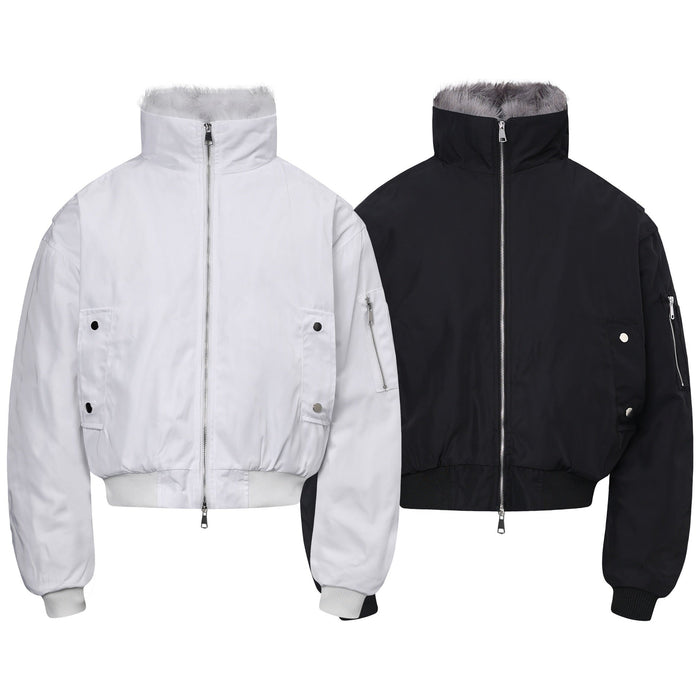 White and black cropped bomber jackets front views with fur collars and zip fronts