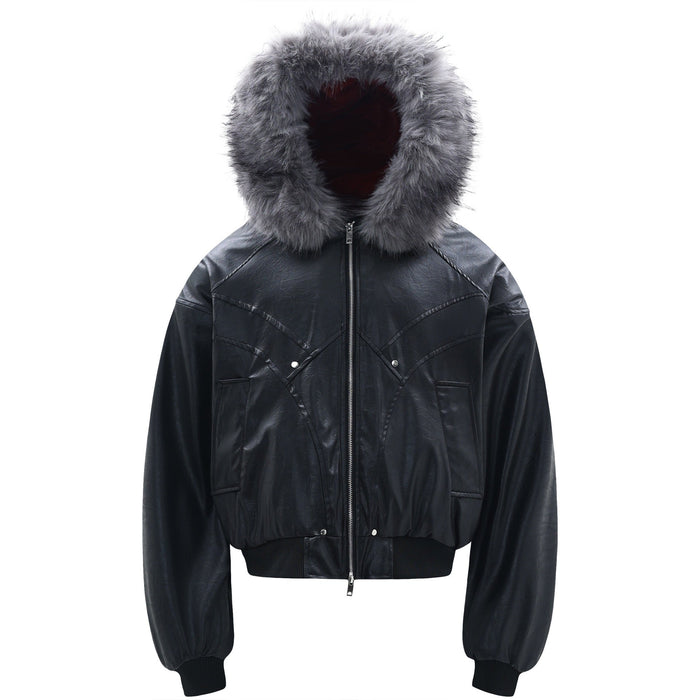 Front view of a cropped black PU leather bomber jacket with an oversized grey faux-fur trimmed hood and silver zip closure