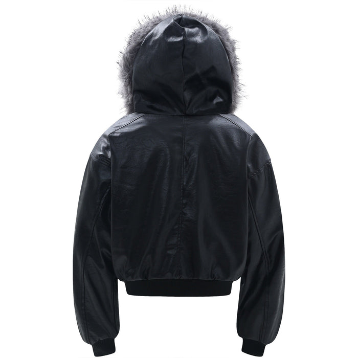 Black cropped bomber jacket back view with oversized gray faux-fur hood and ribbed hem