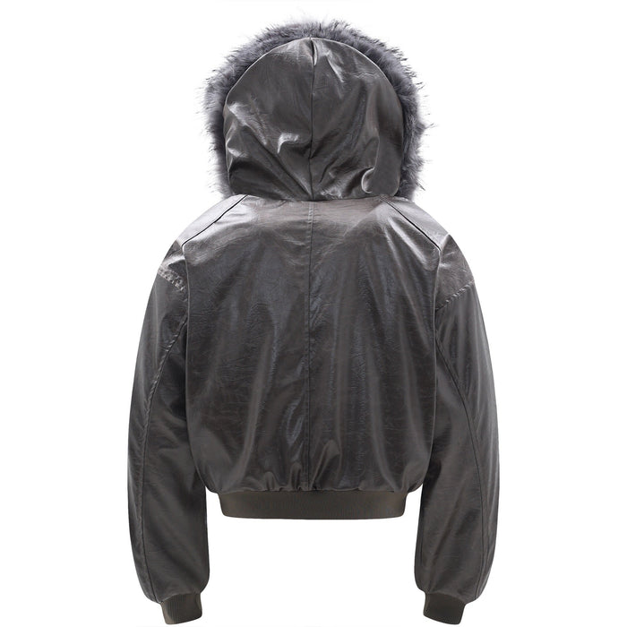 Back view of black PU leather bomber jacket with hood and ribbed hem, shown without front closure