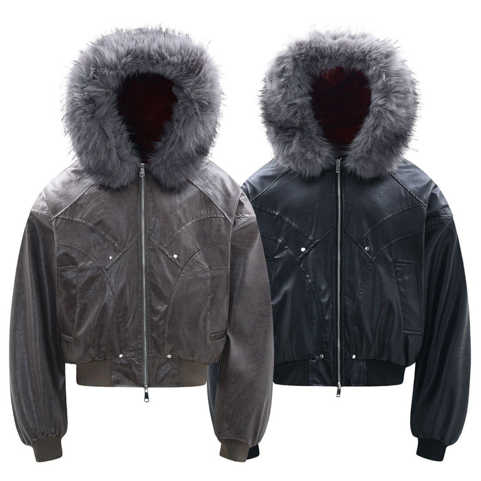 Two bomber jackets side by side, one black and one brown, both with oversized gray faux-fur hoods