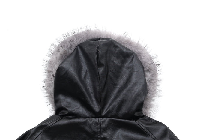 Back close-up of black hooded bomber jacket with gray faux-fur trim around the hood edge