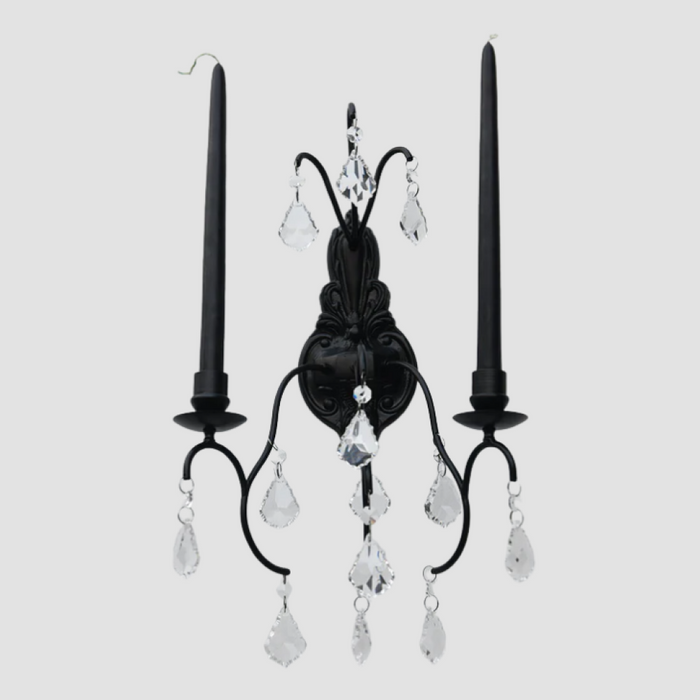 Crystal Teardrop Black Iron Wall Sconce Candelabra