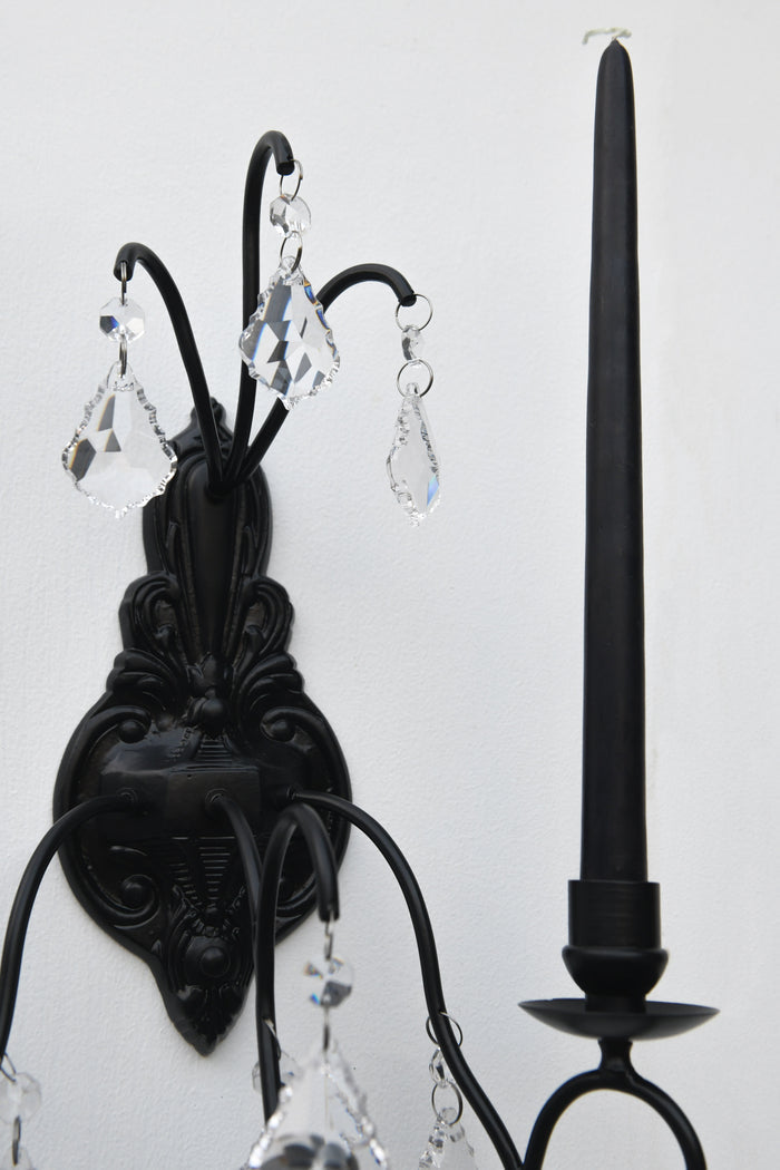 Crystal Teardrop Black Iron Wall Sconce Candelabra