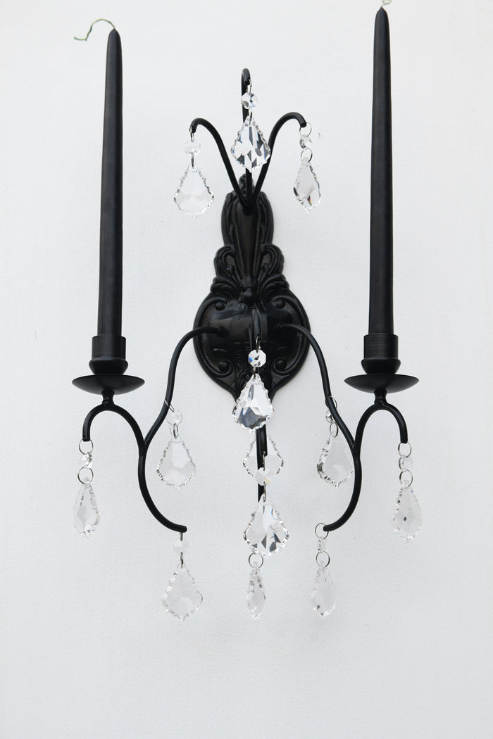 Crystal Teardrop Black Iron Wall Sconce Candelabra