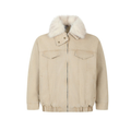 Beige denim jacket with detachable white faux fur collar, front view